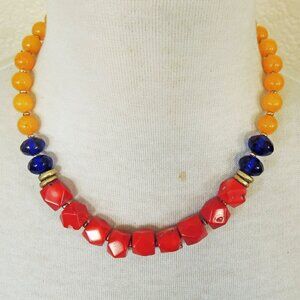 Southwestern Red Coral, Golden Yellow Agate &  Blue Strand Statement Necklace